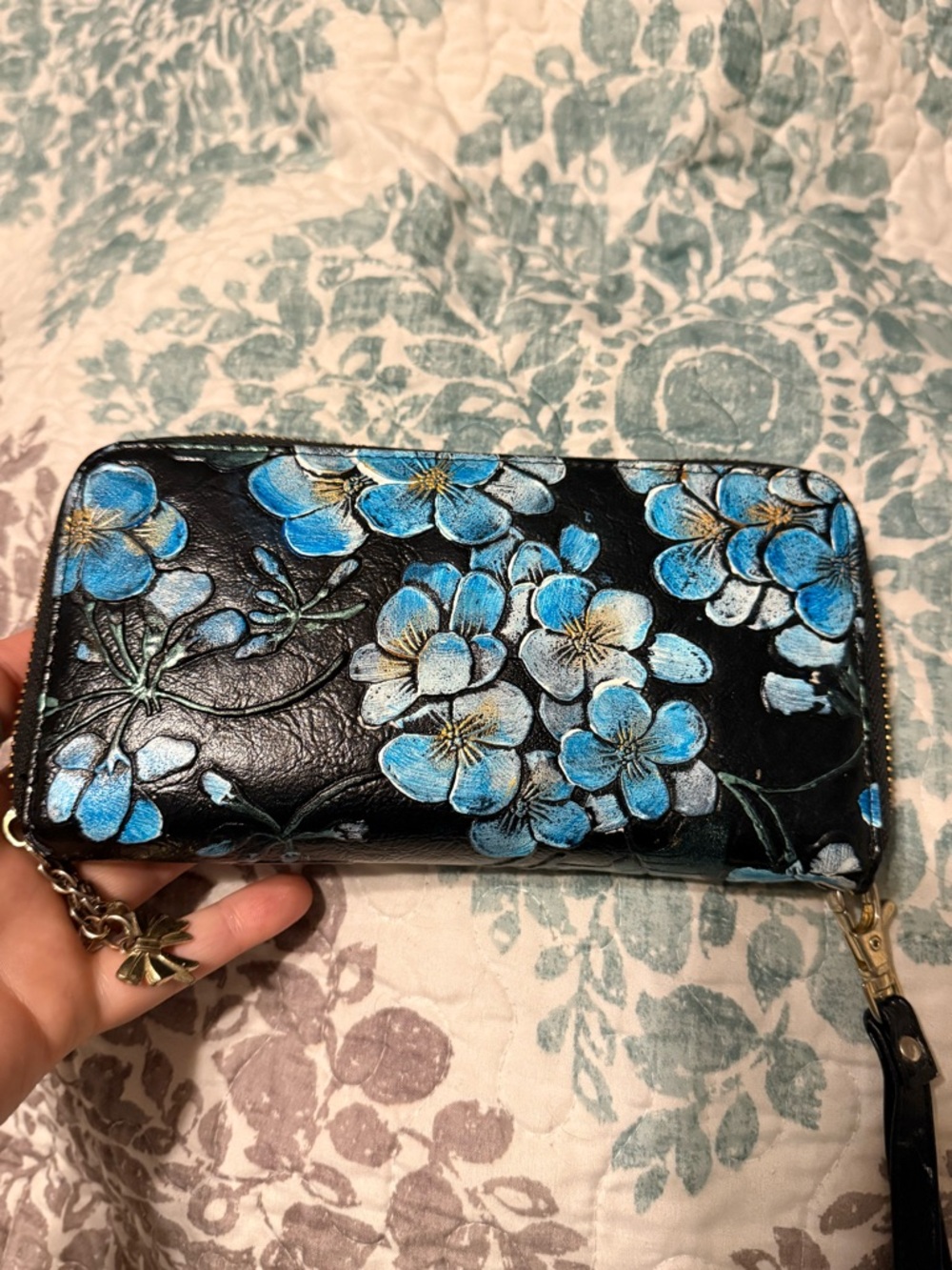 Hand-Painted Floral Zip Wallet - Blue on Black
